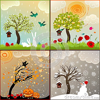 Four seasons themed illustrations set with apple tree, birdhouse and surroundings Vector Illustration