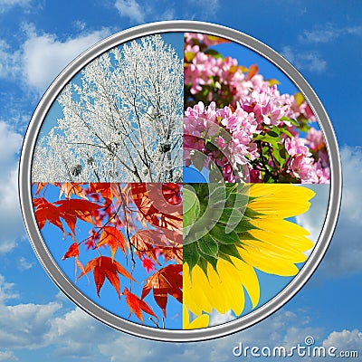 Four seasons of the year on sky background Stock Photo