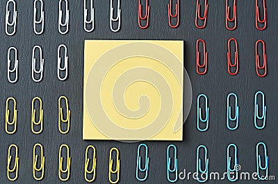 Four sections of rows of many different paper clips for office work or education and blank square sticker Stock Photo
