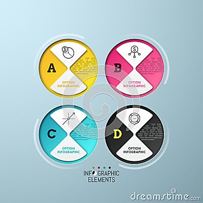 Four separate circular elements with pictograms Vector Illustration