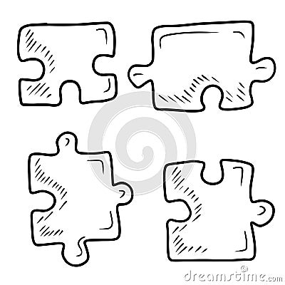 Four separate jigsaw puzzles on white background. Hand drawn vector sketch illustration in engraving doodle outline vintage line Vector Illustration