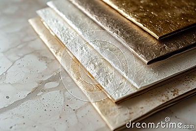 four sets of folded papers on marble, in the style of shimmering metallics Stock Photo