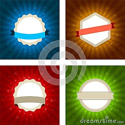 Four shiny geometric badges with ribbons in different colors Cartoon Illustration