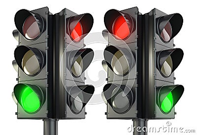 Four sided traffic lightm red and green variations Stock Photo