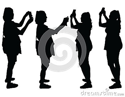 Four silhouettes of woman holding a mobile phone in her hands Vector Illustration