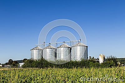 Four silver silos in field under blue sky Stock Photo