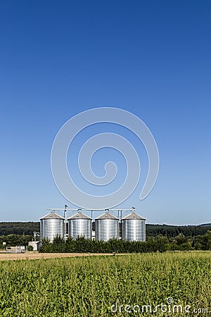 Four silver silos in field under blue sky Stock Photo