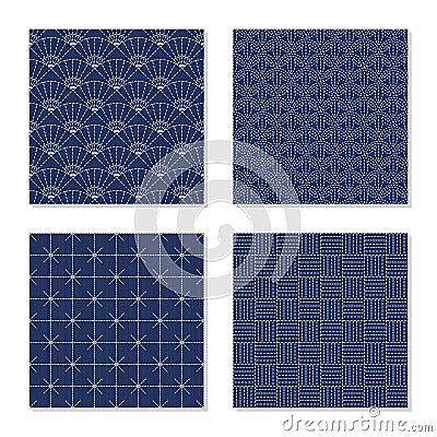 Four simple backgrounds. Japanese sashiko motifs. Vector Illustration