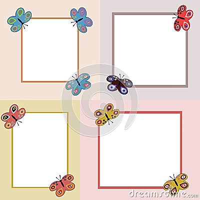 Four simple clear frames with butterflies Vector Illustration