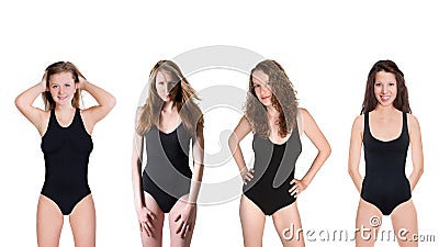 Four slim young women wearing black bathing suits Stock Photo