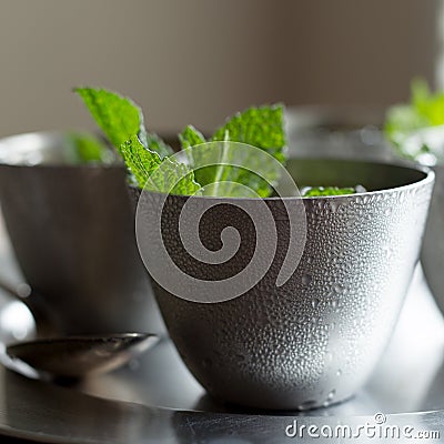 Four small pewter glasses filled with mint julep cocktails. Spearmint garnish. Stock Photo