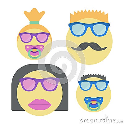 Four smiles for family. Smiley woman in sunglasses with lipstick, man with moustache and children with nipple. Vector Illustration