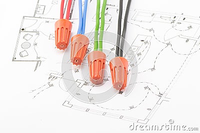 Four soedinitelya- wire nuts lie Stock Photo