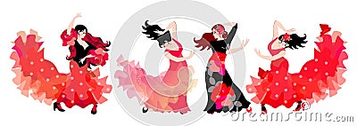 Four spanish girls in long dresses dancing flamenco isolated on white background Vector Illustration