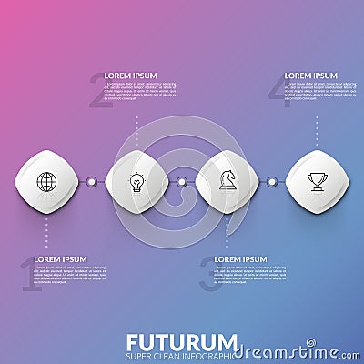 Four square elements with linear icons inside connected into horizontal line and text boxes. Concept of 4 numbered Vector Illustration
