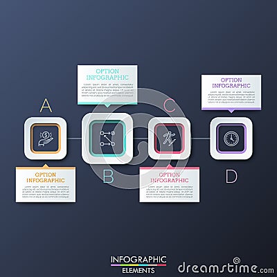 Four square paper white elements with thin line pictograms inside connected into sequence. Concept of 4 progressive Vector Illustration