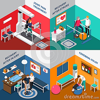 Physiotherapy Rehabilitation Isometric Set Vector Illustration