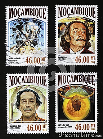 Four stamps with Salvador DalÃ¬ and his paintings Editorial Stock Photo