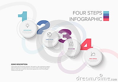 Four Steps Diagonal Light Infographic Design with Circular Elements, big numbers and light buttons Vector Illustration
