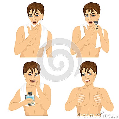 Four steps of man shaving his face Vector Illustration