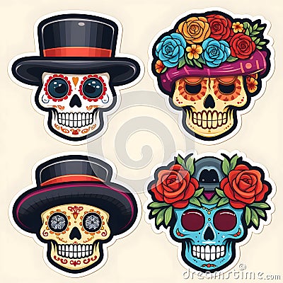 Four stickers skulls decorated with flowers, hat. For the day of the dead and halloween, white isolated background Vector Illustration