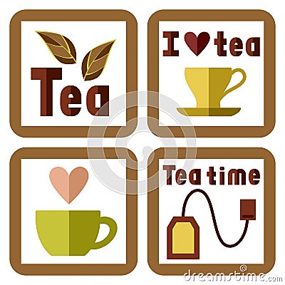 Four stickers with tea elements and inscriptions Vector Illustration