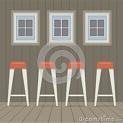 Four Stool Chairs Under Three Windows Vintage Style Vector Illustration