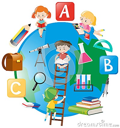 Four students climbing up the ladder on earth Vector Illustration