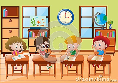 Four students learning at school Vector Illustration