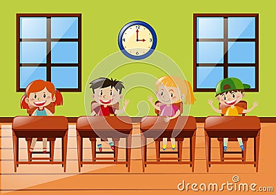 Four students sitting in classroom Vector Illustration