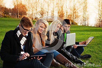 Four students working on laptops in the park Stock Photo