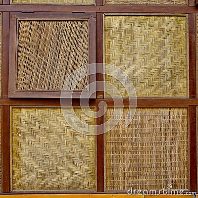 Four Styless of bamboo woven windows with wooden edge background Stock Photo