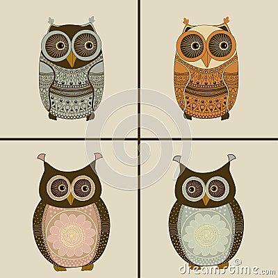 Four stylized owls. Decoration pattern. Vector illustration. Vector Illustration