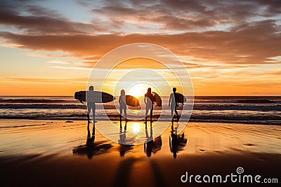 Four surfer friends sitting on their surfboard on the sand watching the sunset . Generative AI Stock Photo