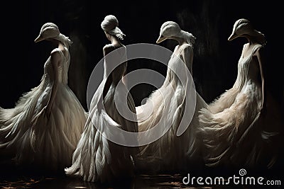 Four swans in long white dresses stand , concept of Gracefulness, created with Generative AI technology Stock Photo