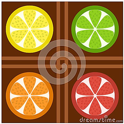 Four symbolic wheels, lemon, lime, orange and grapefruit Vector Illustration