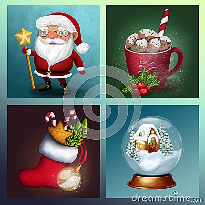 Four symbols of Christmas greeting card Stock Photo