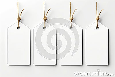 Four tags with rope hanging from them on white wall. Generative AI Stock Photo