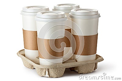 Four take-out coffee in holder Stock Photo