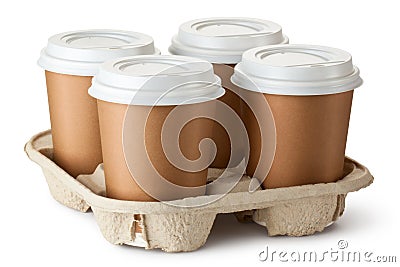 Four take-out coffee in holder Stock Photo