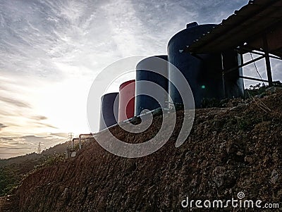 Four tanks, water tower, water reservoir on the mountain Stock Photo