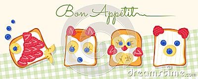 Four tasty fish, fox, chicken, bear shaped toasts, made by loving and creative parents for their children or loved ones. Vector Illustration