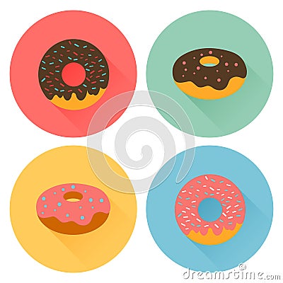 Four tasty flavored donuts with glazing. Vector Illustration