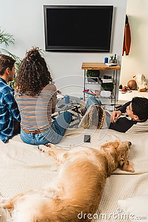 four teens watching tv and dog lying Stock Photo