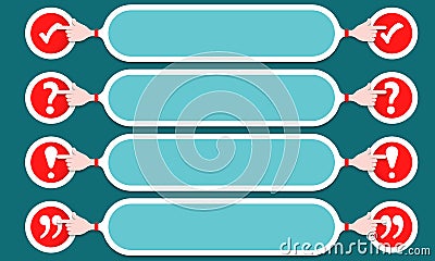 Four text boxes width check box, exclamation mark, question mark Vector Illustration