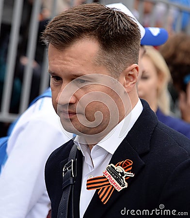 Four-time Olympic champion Alexei Nemov on red square during the celebration of the 74th anniversary of Victory Editorial Stock Photo