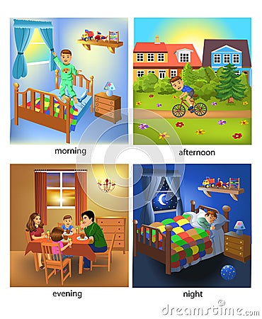 Four times of the day: morning, afternoon, evening and night Vector Illustration