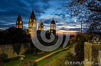 Four towers cathedral at night in Pecs, Hungary Stock Photo