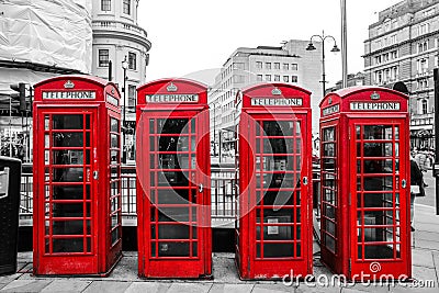 Four traditional British red telephone boxes Editorial Stock Photo