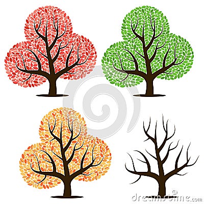 Four trees with green, red, yellow leaves and without leaves. Vector Illustration